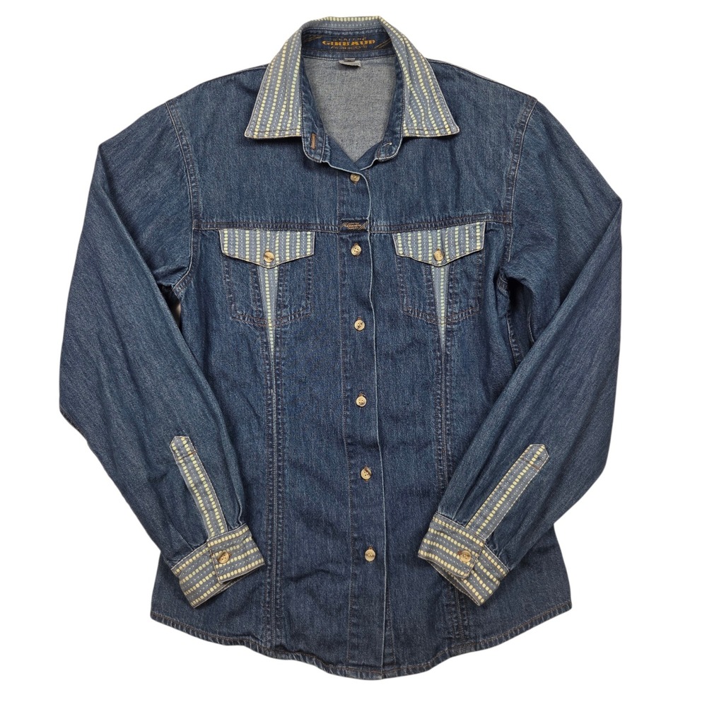 Vintage 90s Marithe Francois Girbaud Denim Shirt Womens Medium Blue Pattern Trim